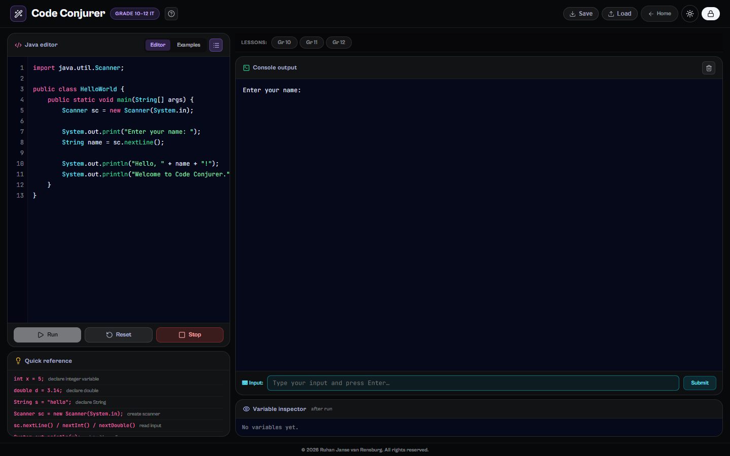 Code Conjurer: The Java editor with the console and the quick reference.