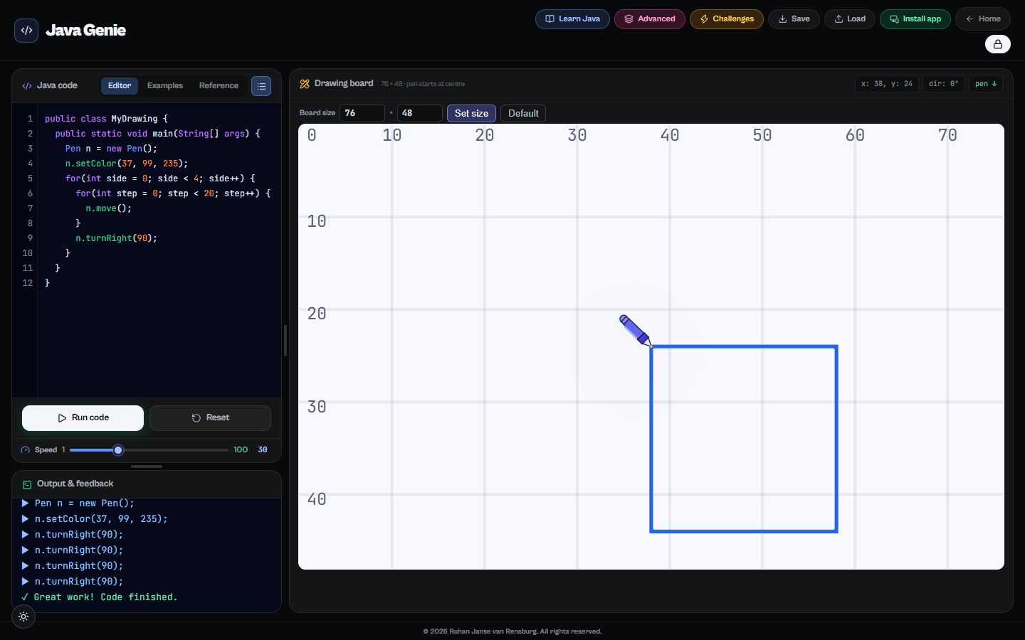 Java Genie: A for loop drawing a square on the drawing board.