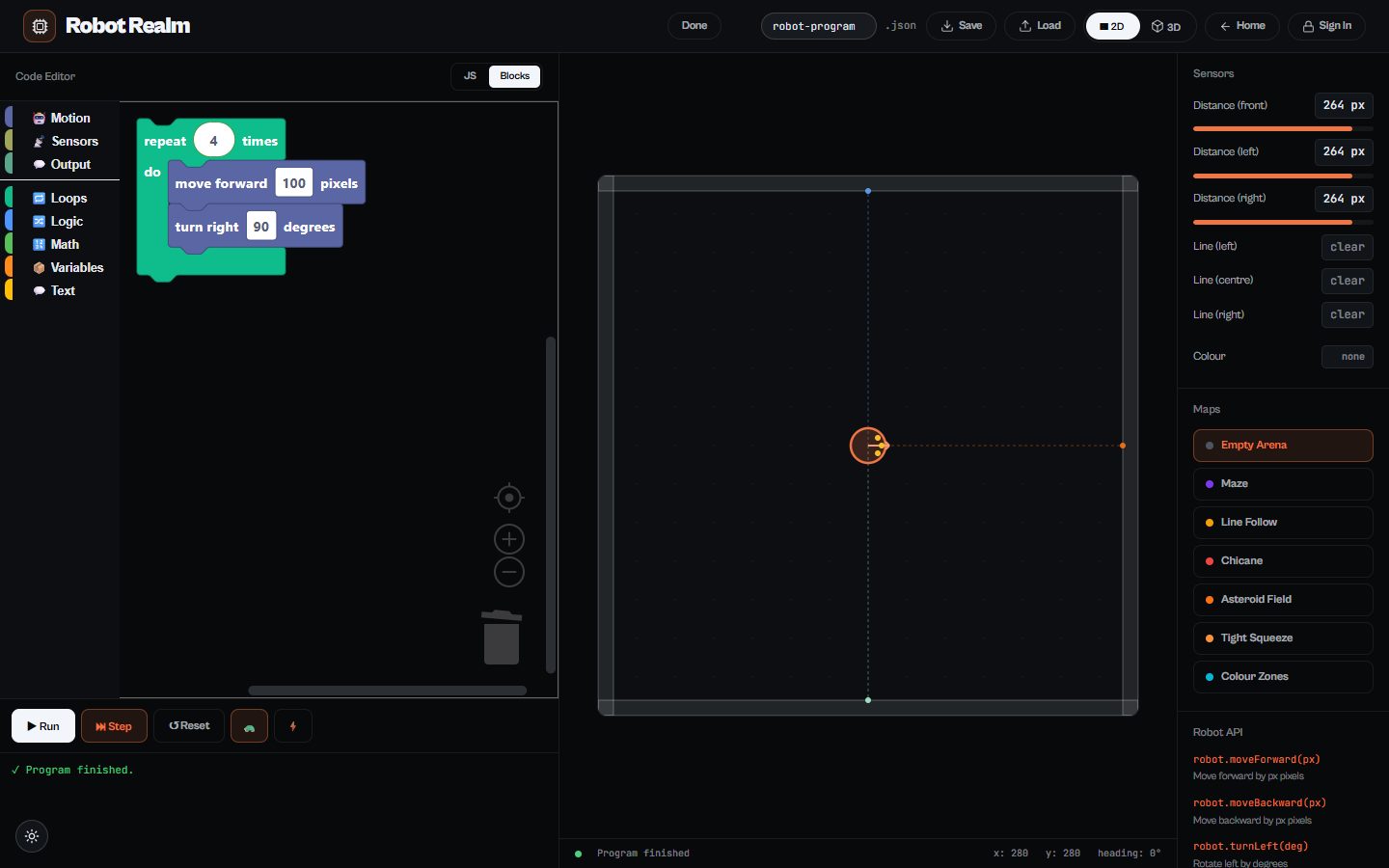 Robot Realm: A block program and the arena with the robot’s sensors.