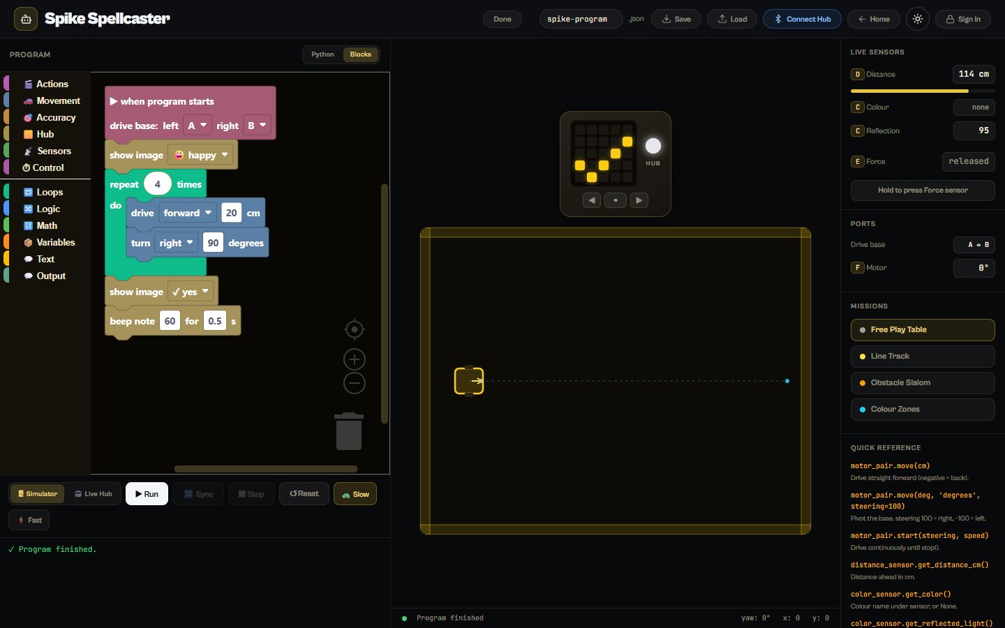 Spike Spellcaster: A block program running on the simulated mission table.