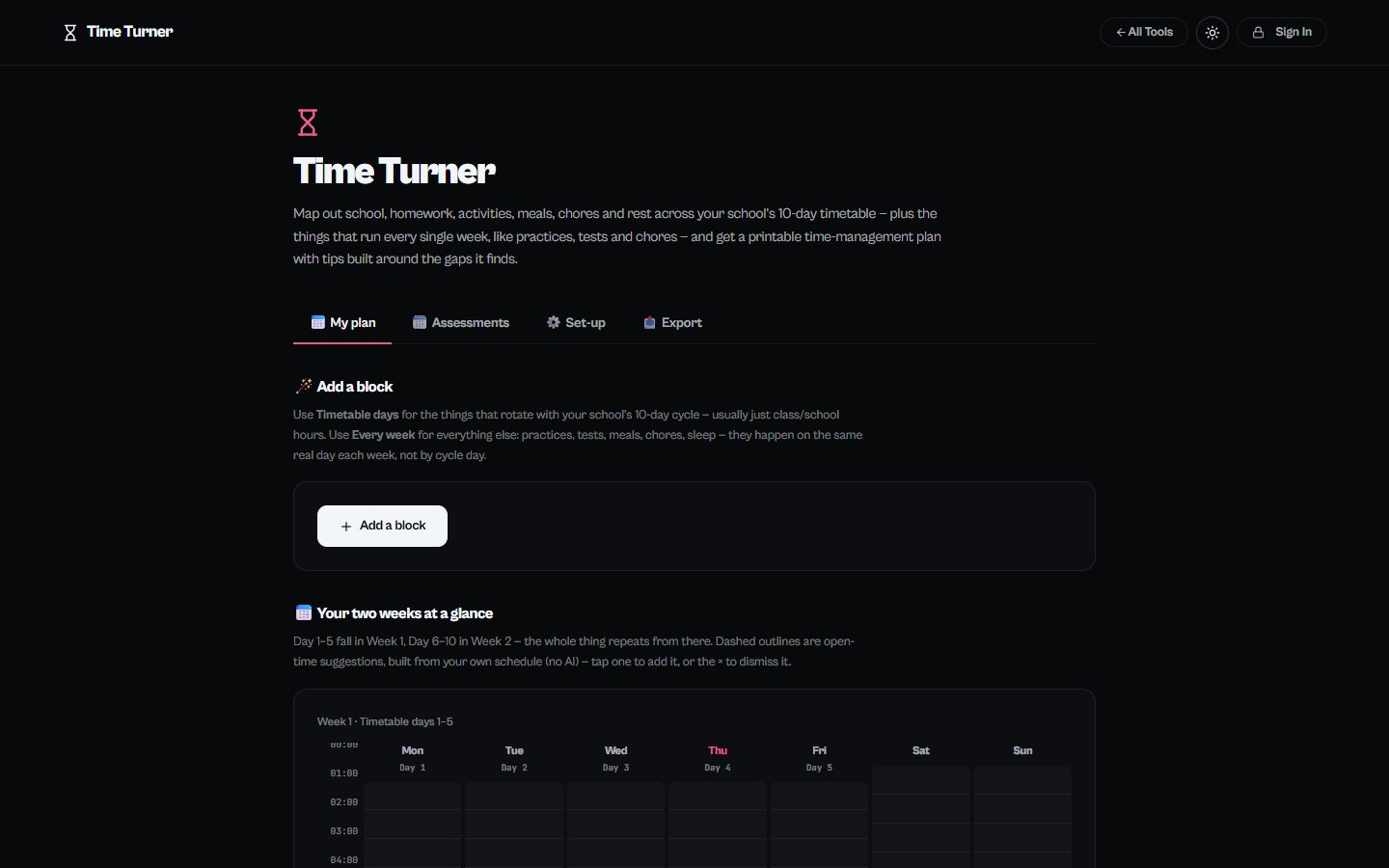 Time Turner: The two-week planner with suggested open-time blocks.