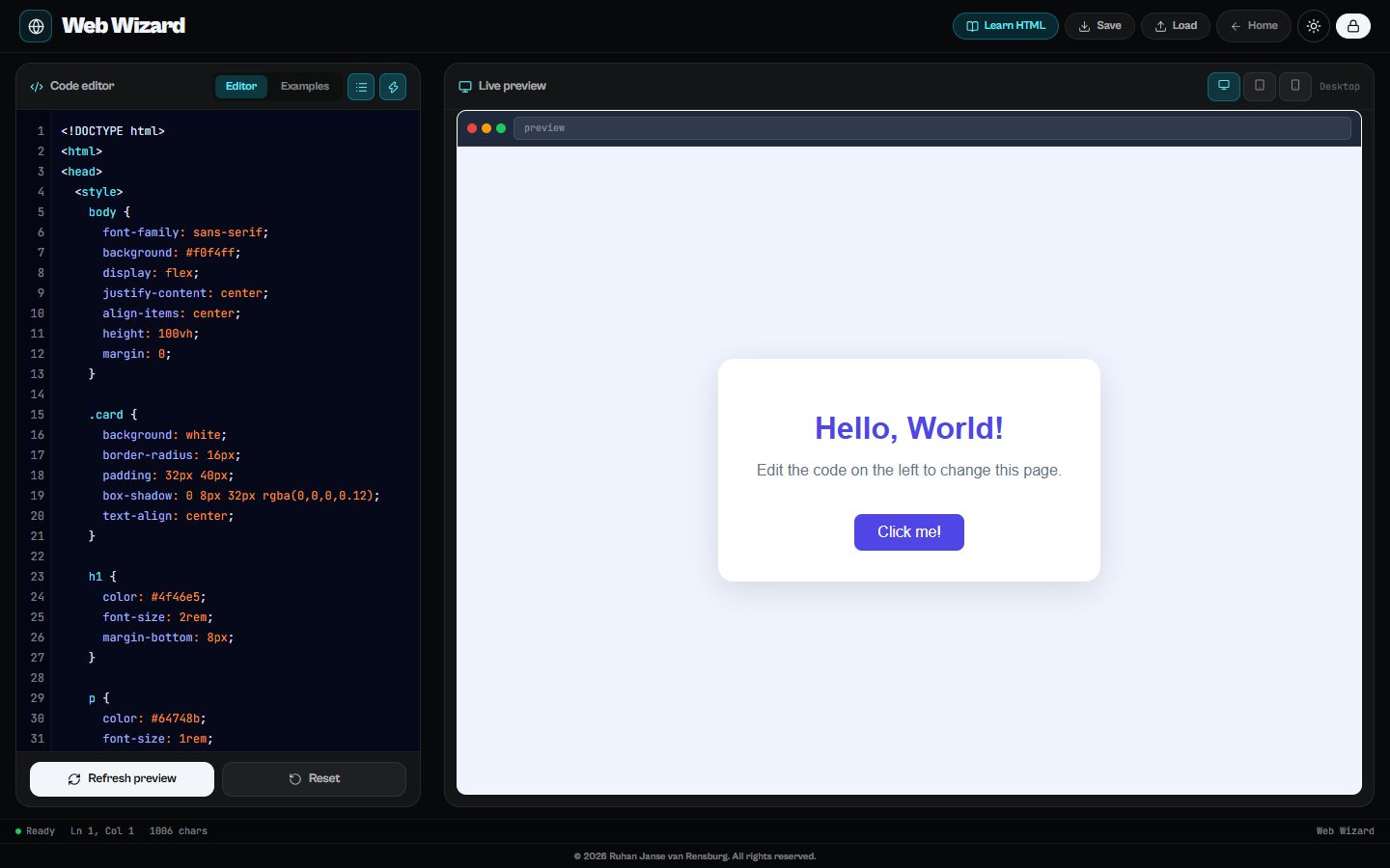 Web Wizard: The editor and the live preview of a starter page.