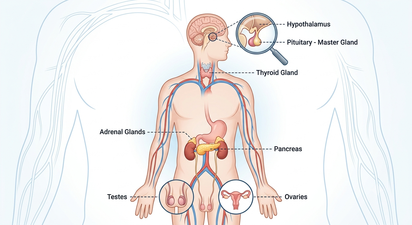 Diagram of the human body showing the location of the major endocrine glands: hypothalamus, pituitary, thyroid, adrenal glands, pancreas, testes and ovaries