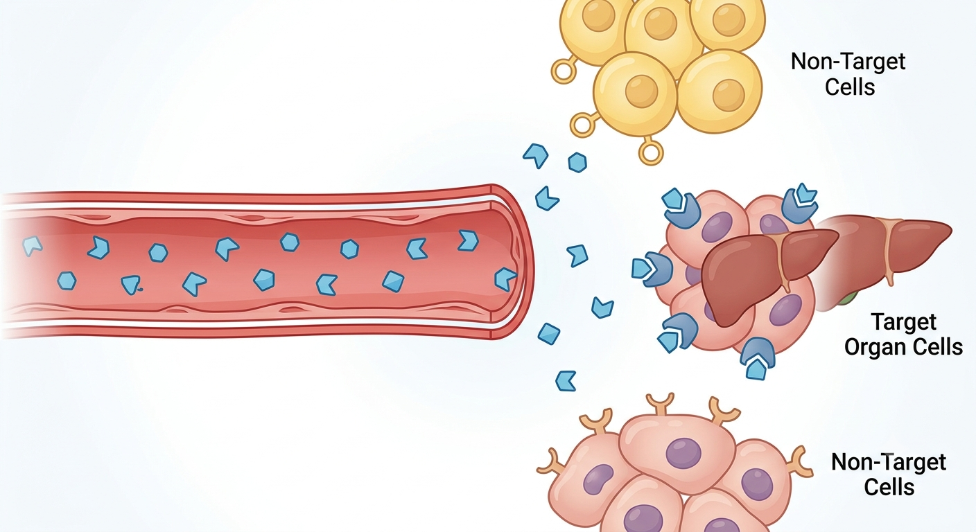 A hormone travelling in the bloodstream binds only to receptors on target organ cells, while passing non-target cells unaffected