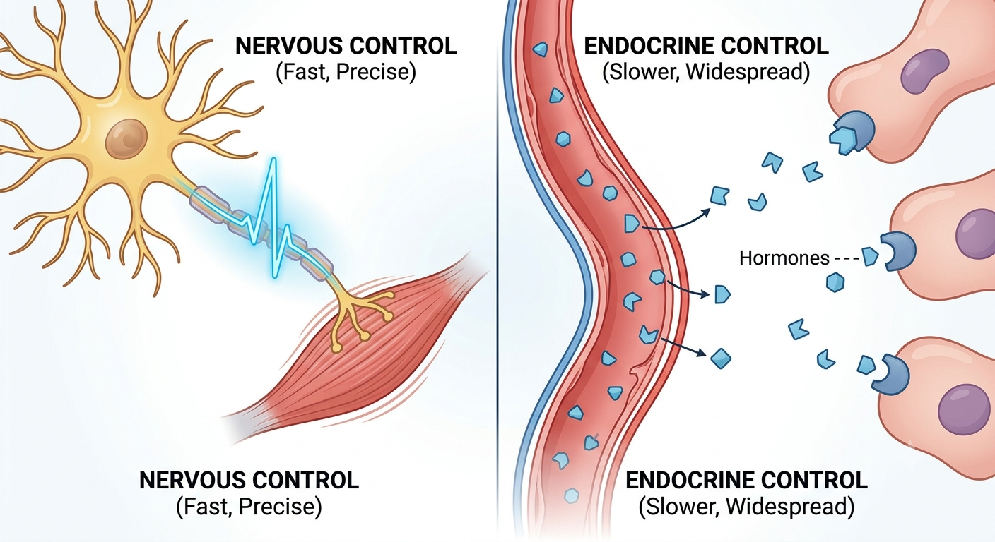 Nervous control shown as a fast electrical impulse travelling down a neuron to a muscle, compared with endocrine control shown as hormones diffusing through the bloodstream to reach target cells