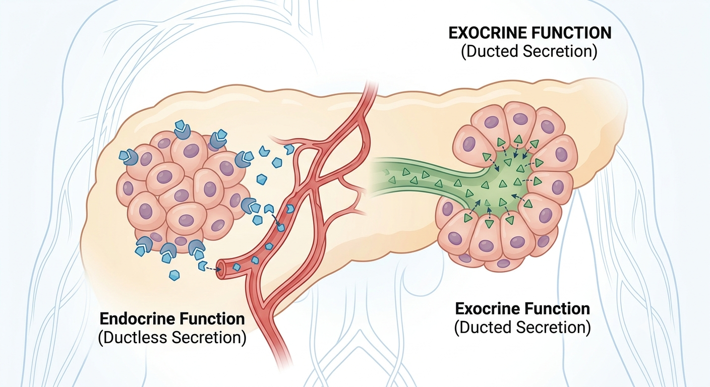 Close-up of the pancreas showing its endocrine function (ductless secretion into the bloodstream) alongside its exocrine function (ducted secretion of digestive enzymes)