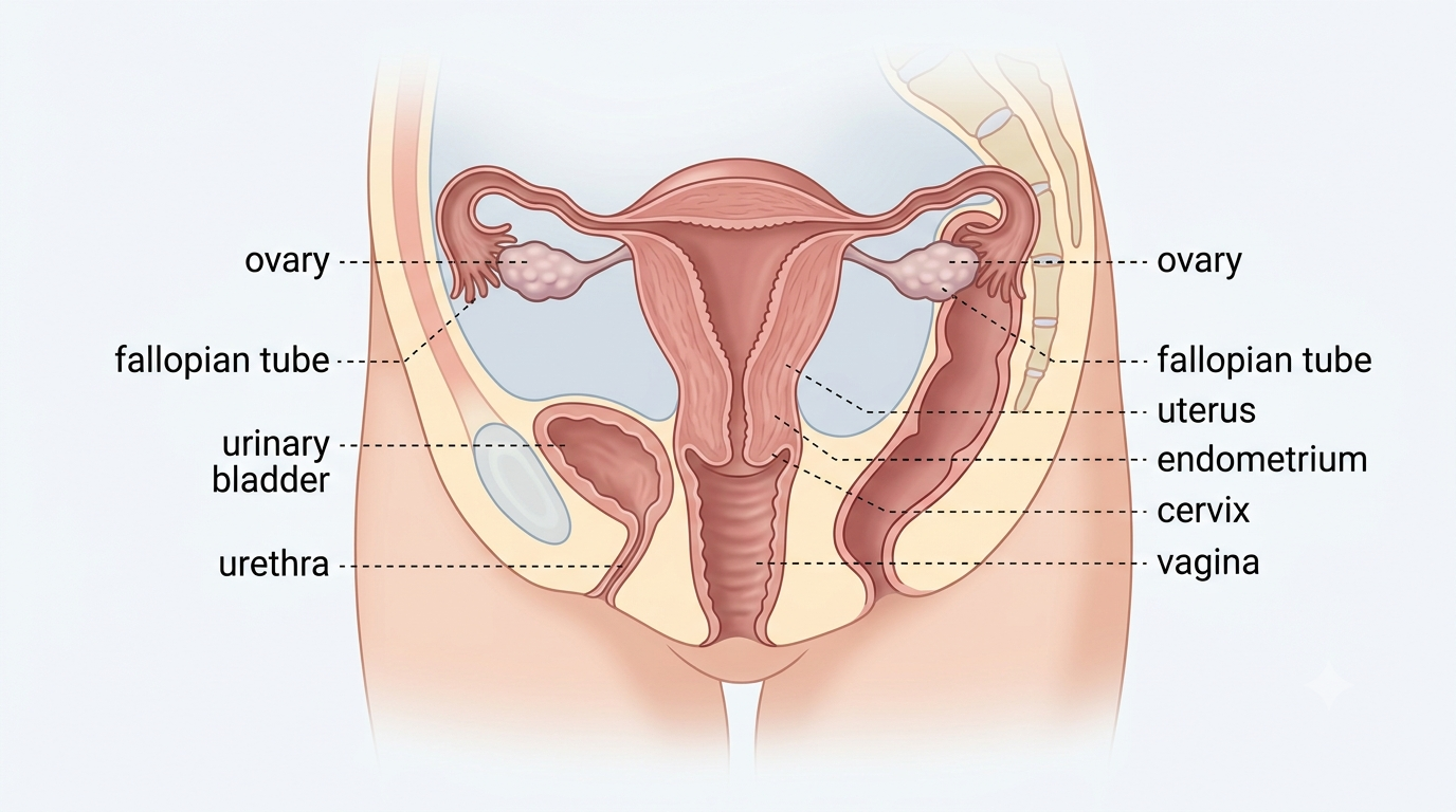 Cross-section of the human female reproductive system labelling the ovary, fallopian tube (oviduct), uterus, endometrium, cervix, and vagina