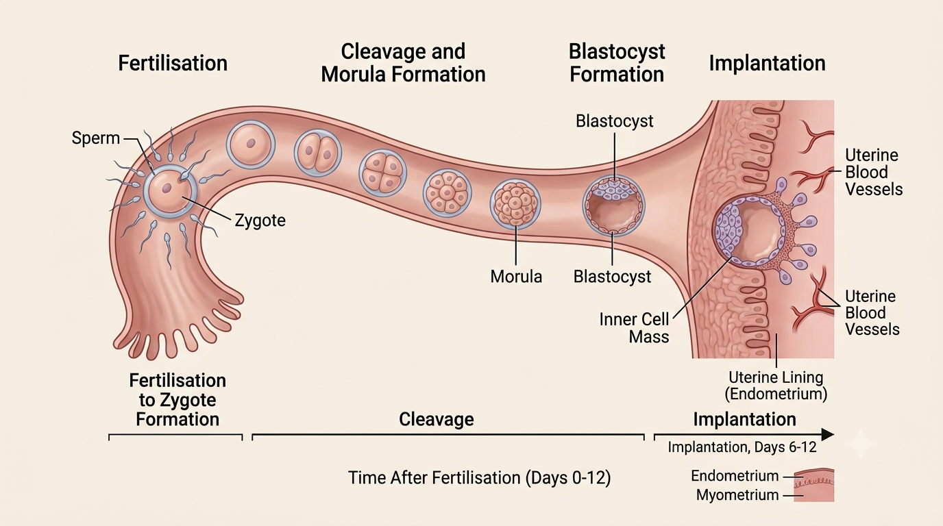 Sequence from fertilisation to implantation: sperm fertilising the egg to form a zygote, cleavage into a morula, formation of the hollow blastocyst with its inner cell mass, and implantation of the blastocyst into the uterine lining (endometrium)