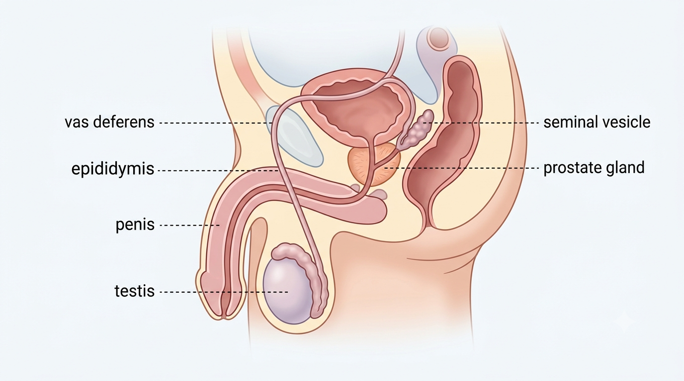 Side-view cross-section of the human male reproductive system labelling the testis, epididymis, vas deferens, seminal vesicle, prostate gland, and penis