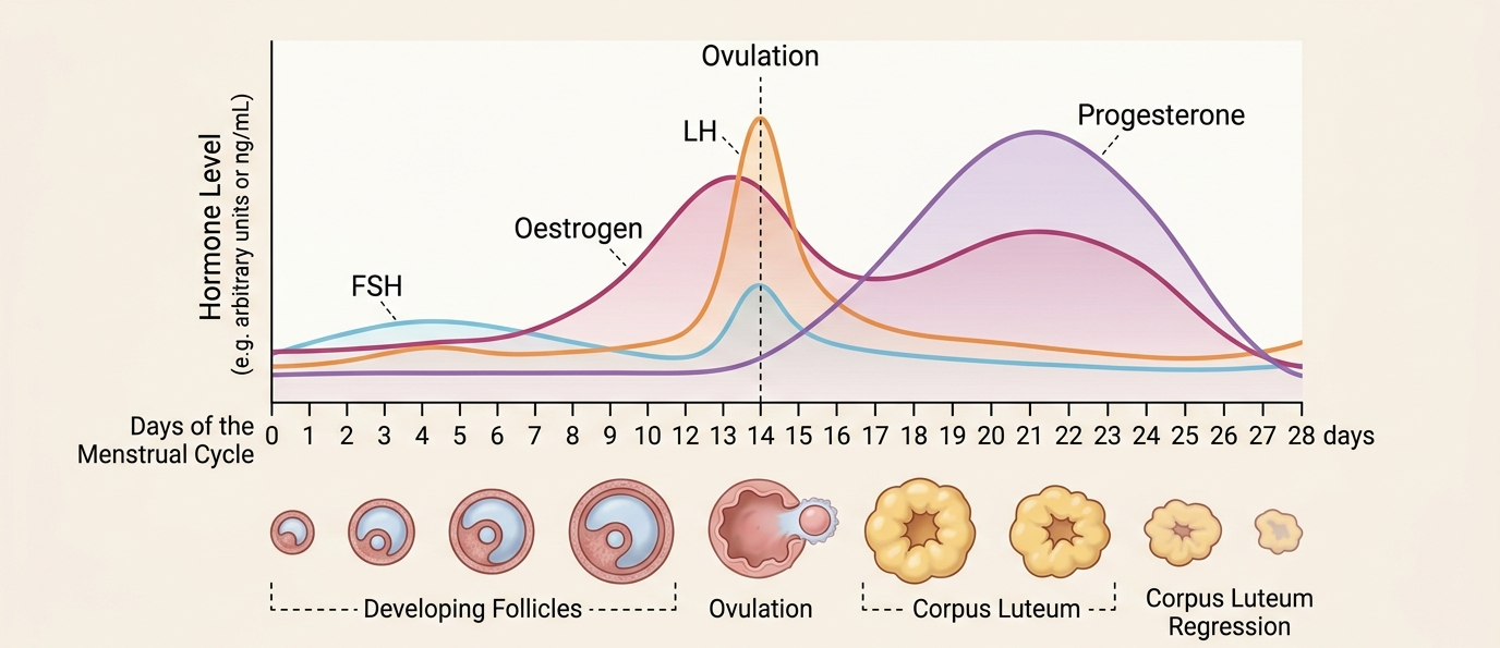 Graph of FSH, LH, oestrogen and progesterone levels over the 28-day menstrual cycle, aligned with the stages of the developing follicle, ovulation, and the corpus luteum