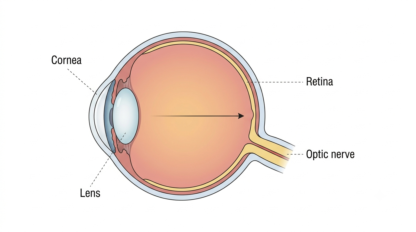 Cross-section of the human eye labelling the cornea, lens, retina, and optic nerve, with an arrow showing the path light takes through the eye