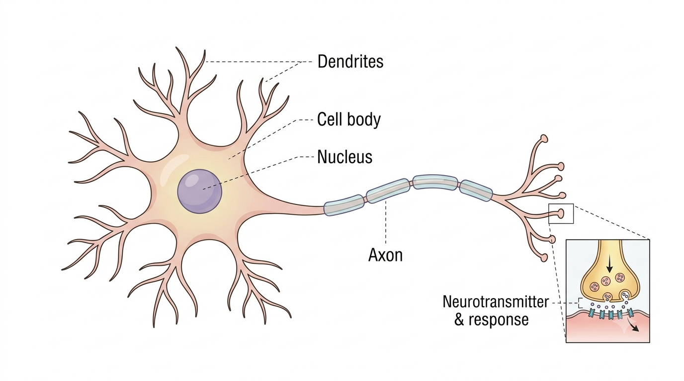 A labelled neuron showing dendrites, cell body, nucleus, axon, and a close-up of the synapse showing neurotransmitter release
