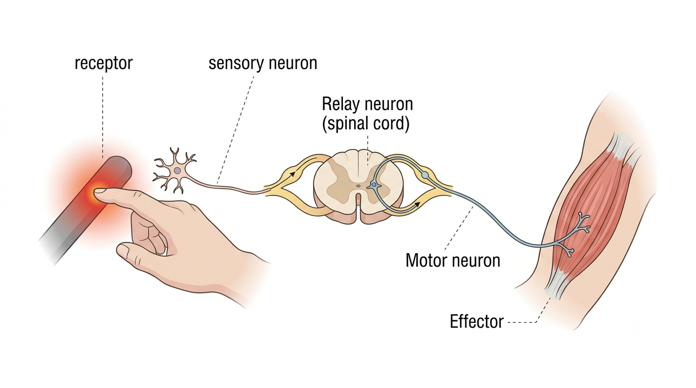 A reflex arc: a hand touching a hot object (receptor), the sensory neuron carrying the impulse to a relay neuron in the spinal cord, and the motor neuron carrying it out to the arm muscle (effector)